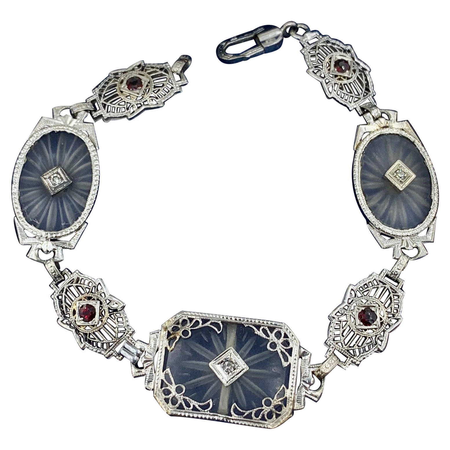 Art Deco Diamond Garnet Bracelet Rock Crystal 14 Karat White Gold Filigree For Sale