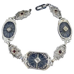 Antique Art Deco Diamond Garnet Bracelet Rock Crystal 14 Karat White Gold Filigree