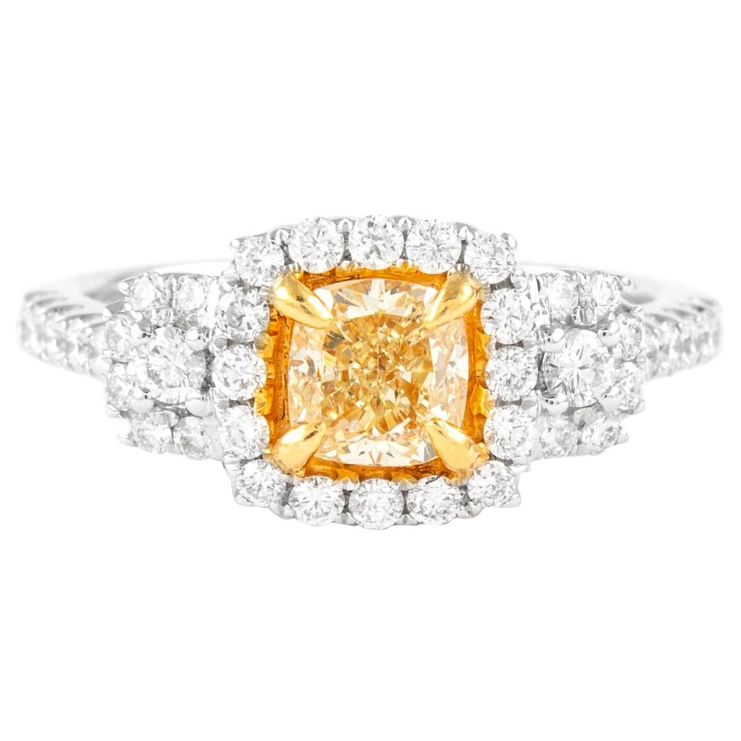 Alexander 1.63ctt Fancy Intense Yellow VS2 Diamond Three-Stone Halo Ring 18k For Sale