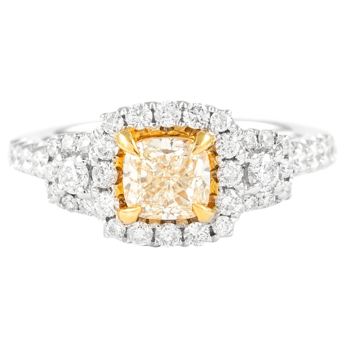 Alexander 1.74ctt Fancy Yellow VS1 Diamond Three-Stone Halo Ring 18k Two Tone For Sale