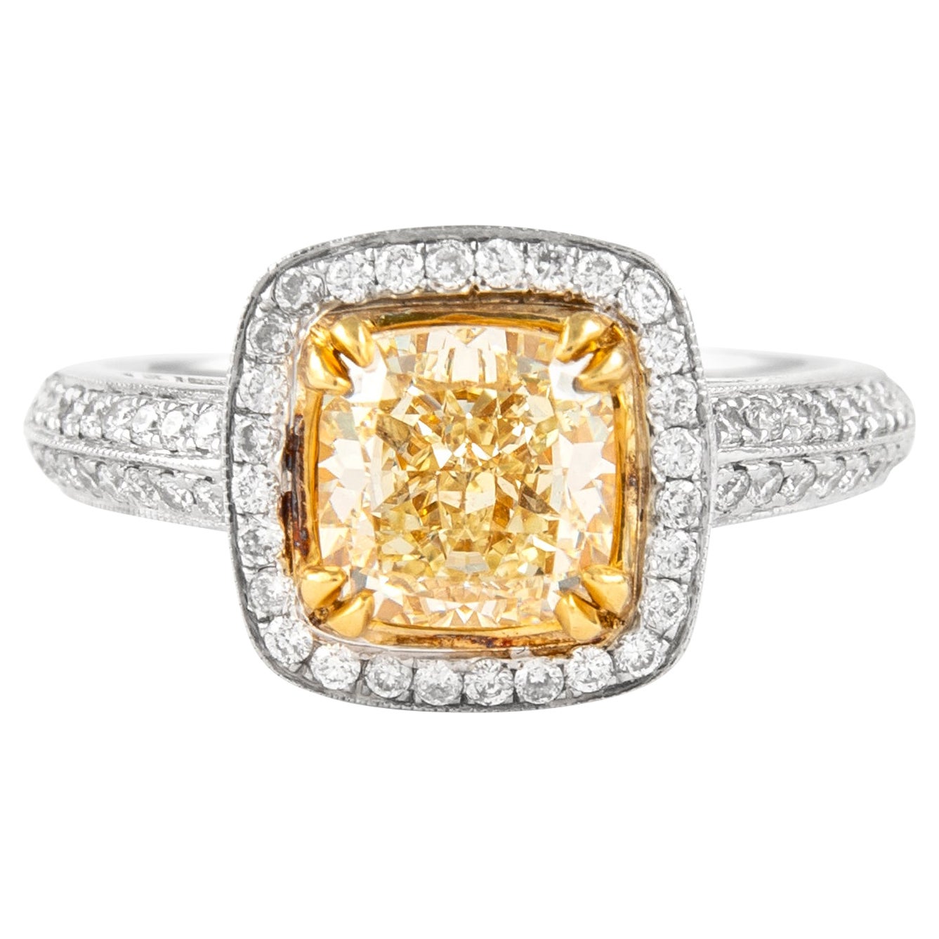 Alexander 1.73ct Fancy Intense Yellow VS1 Diamond Halo Ring 18k Two Tone For Sale