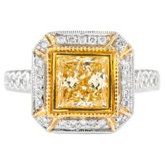 Alexander 1.64ct Princess Cut Fancy Yellow Diamond Halo Ring 18k Two Tone