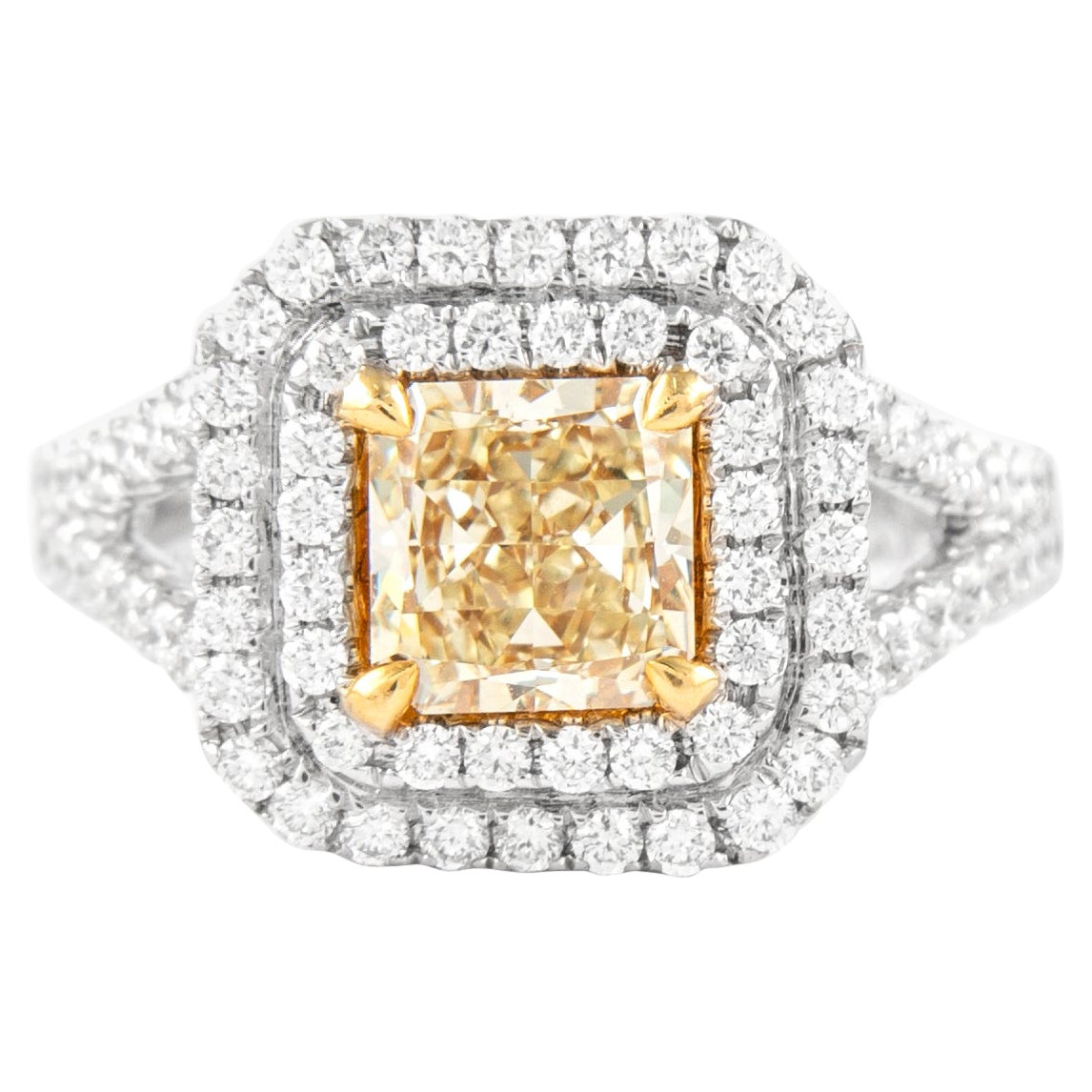 Alexander, bague bicolore 18 carats avec diamant jaune fantaisie de 2,33 carats et double halo de diamants VVS2