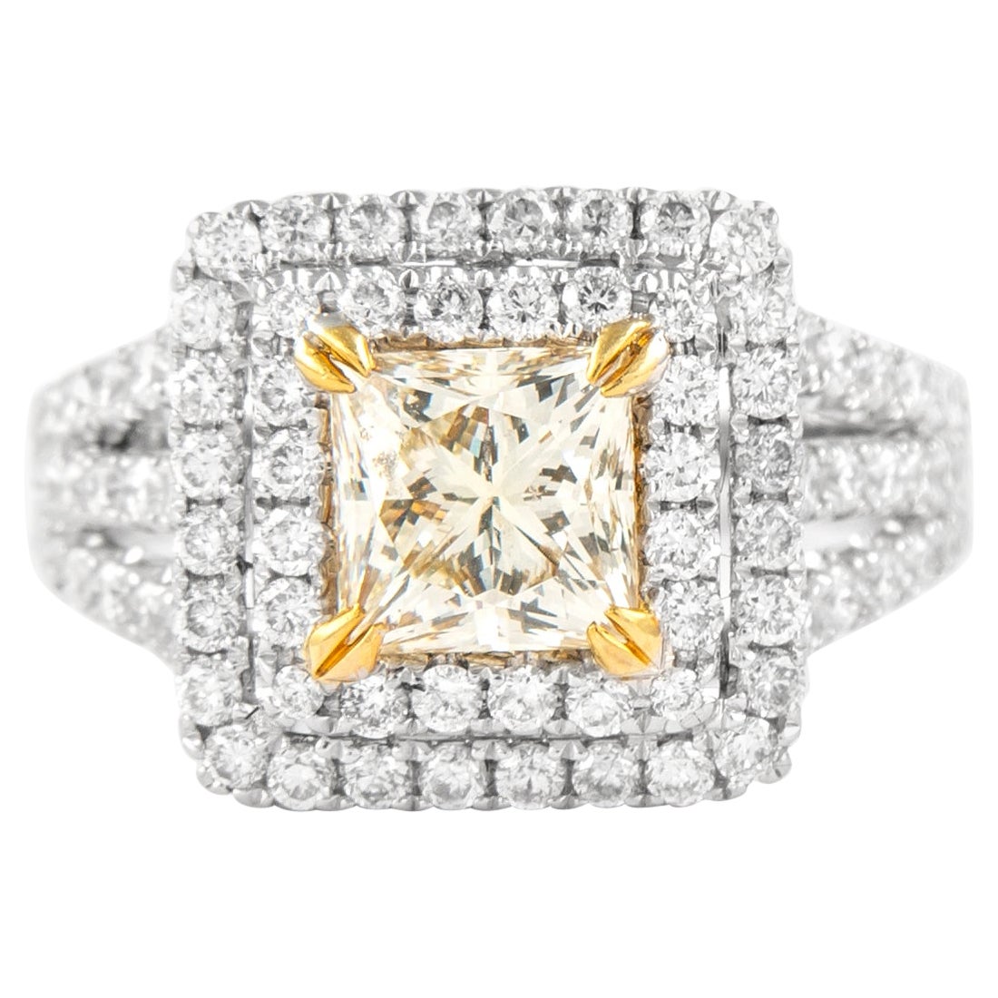 Alexander 2,74 Karat Hellgelber VS1 Diamant-Doppel Halo-Ring 18k Zweifarbiger Ton im Angebot