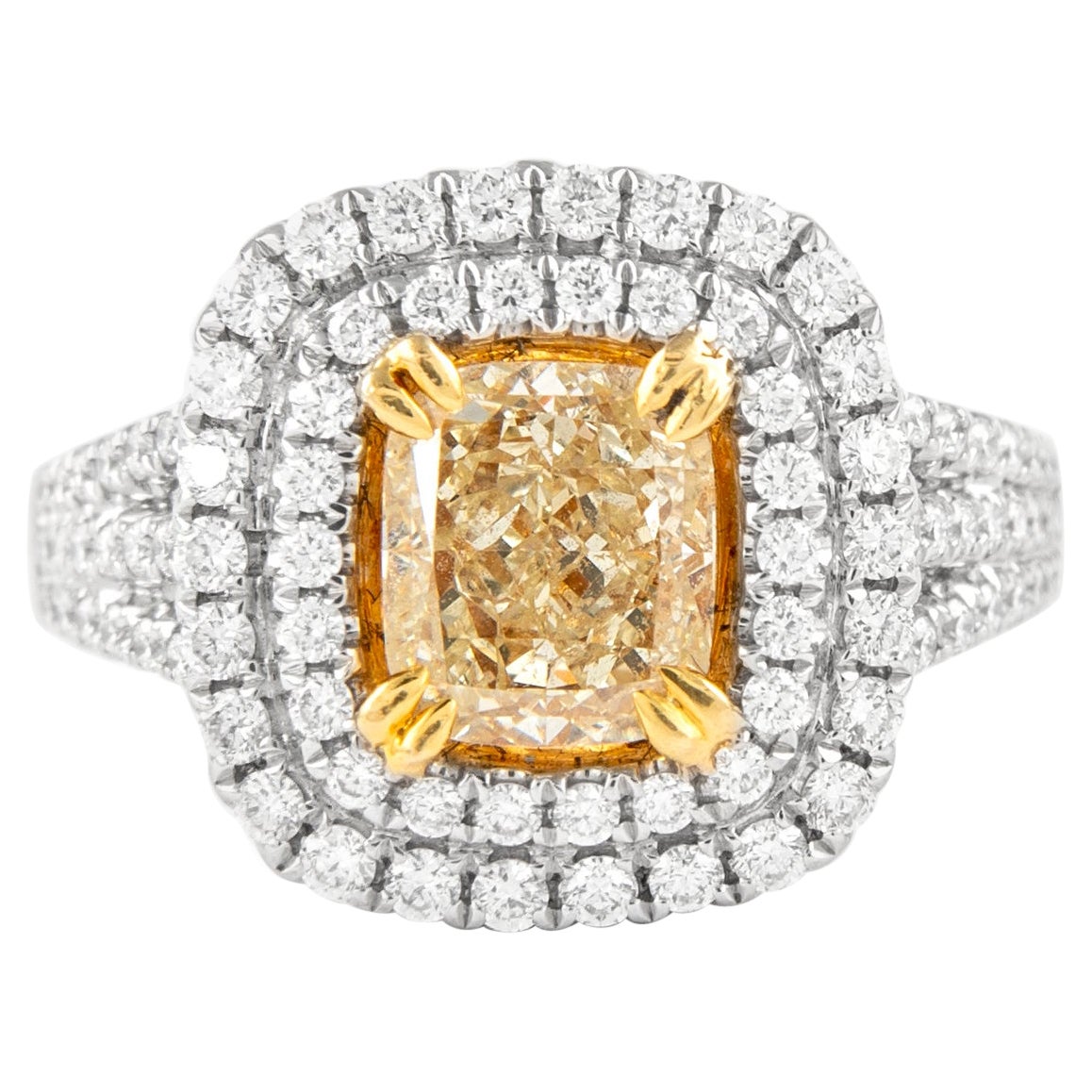 Alexander, bague en or bicolore 18 carats avec double halo de diamants jaunes fantaisie de 1,50 carat