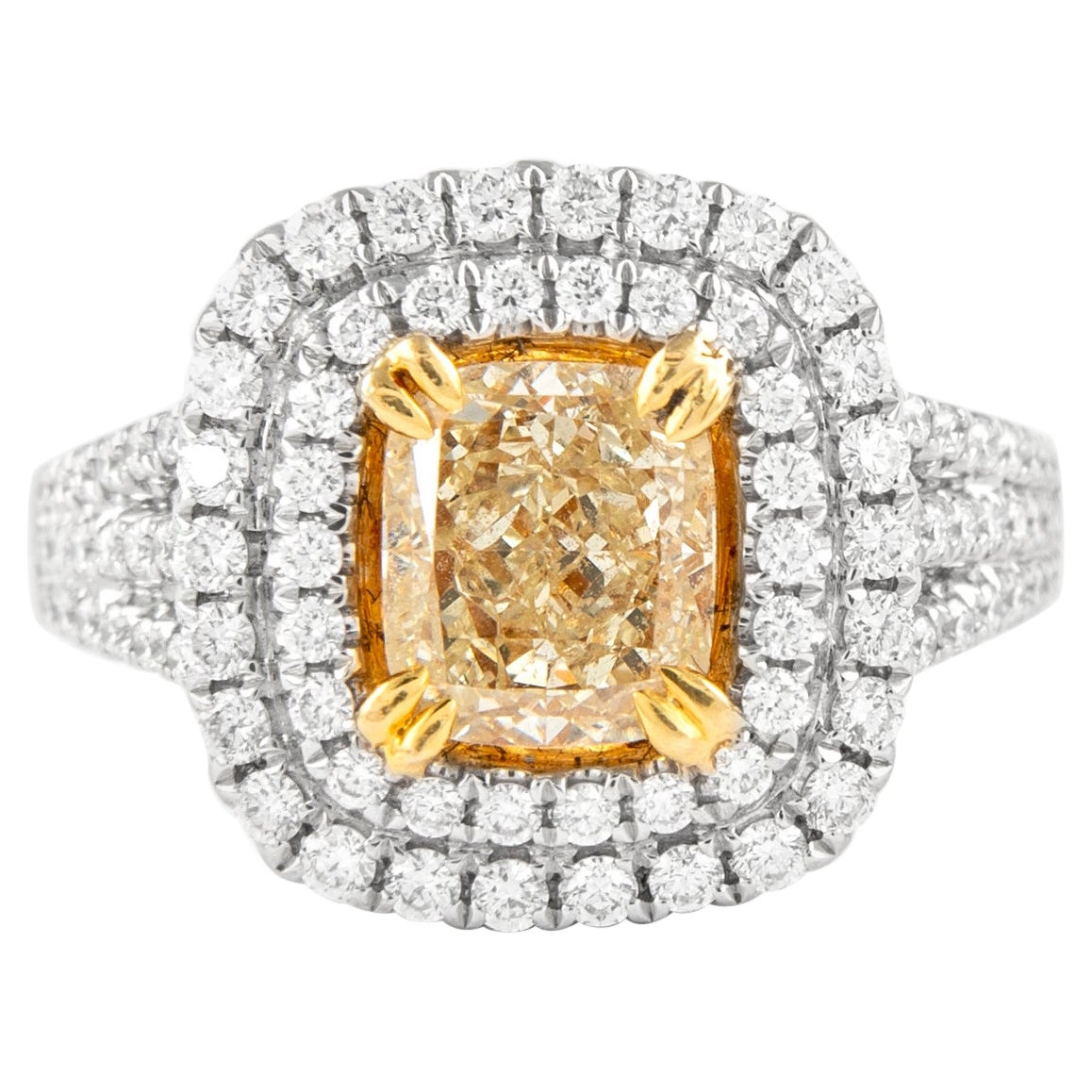 Alexander 1.50ct Fancy Yellow Diamond Double Halo Ring 18k Two Tone