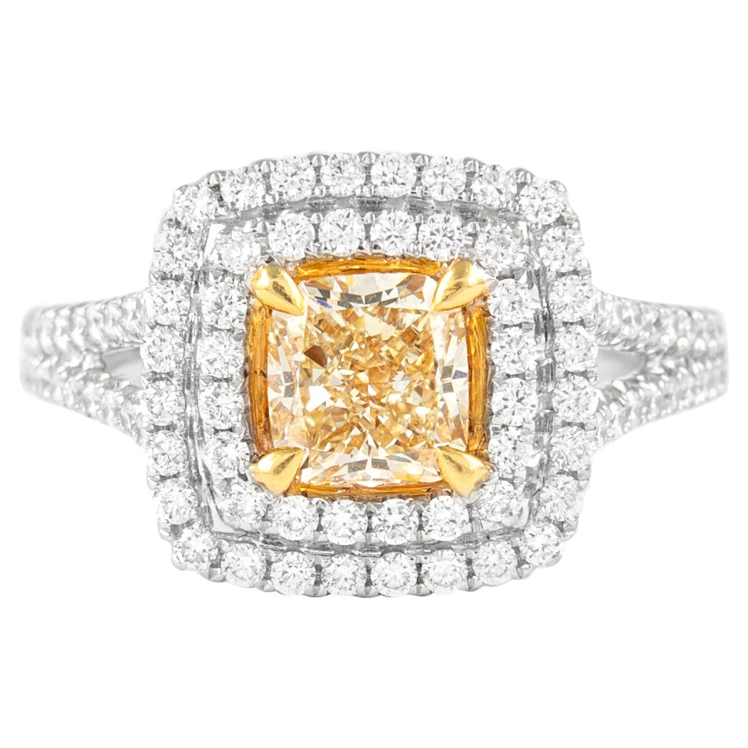 Alexander Bague bicolore 18 carats avec diamant jaune fantaisie 2,05 carats VS1 et double halo de diamants