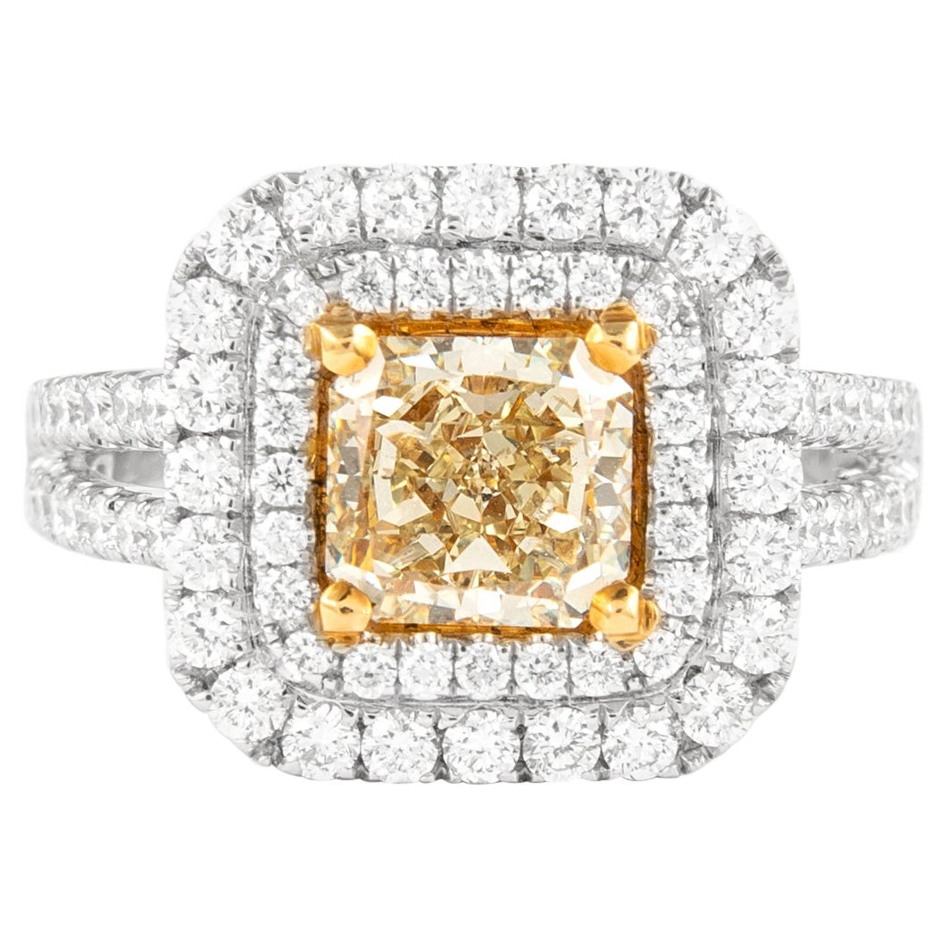 Alexander 1.62ct Fancy Intense Yellow Diamond Double Halo Ring 18k Two Tone For Sale