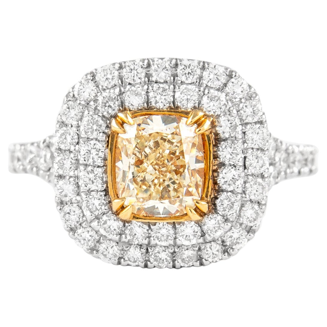 Alexander 2.12ctt Fancy Yellow VS2 Diamond Double Halo Ring 18k Two Tone For Sale