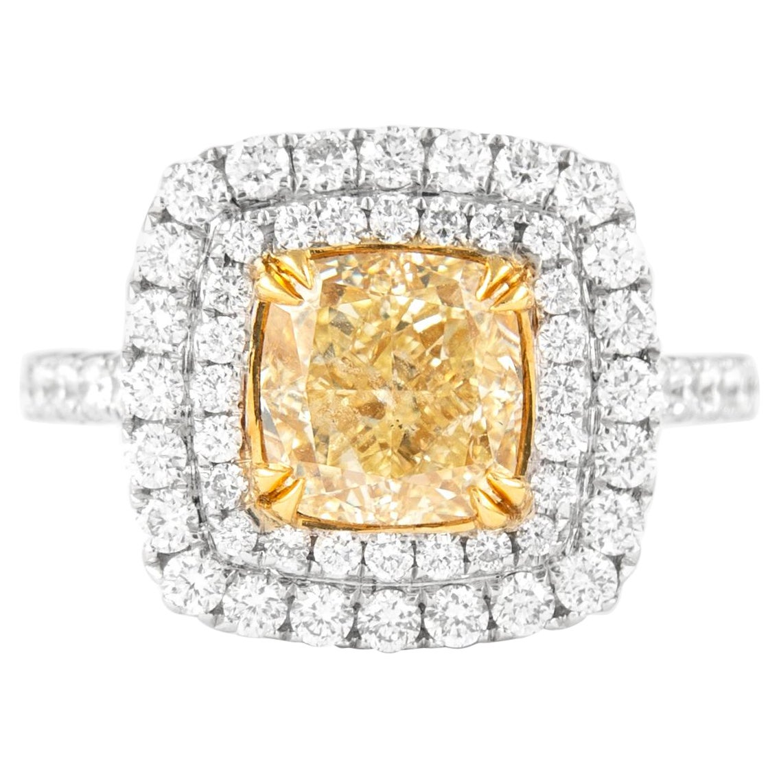 Alexander 2.42ct Fancy Intense Yellow VS2 Diamond Double Halo Ring 18k Two Tone For Sale