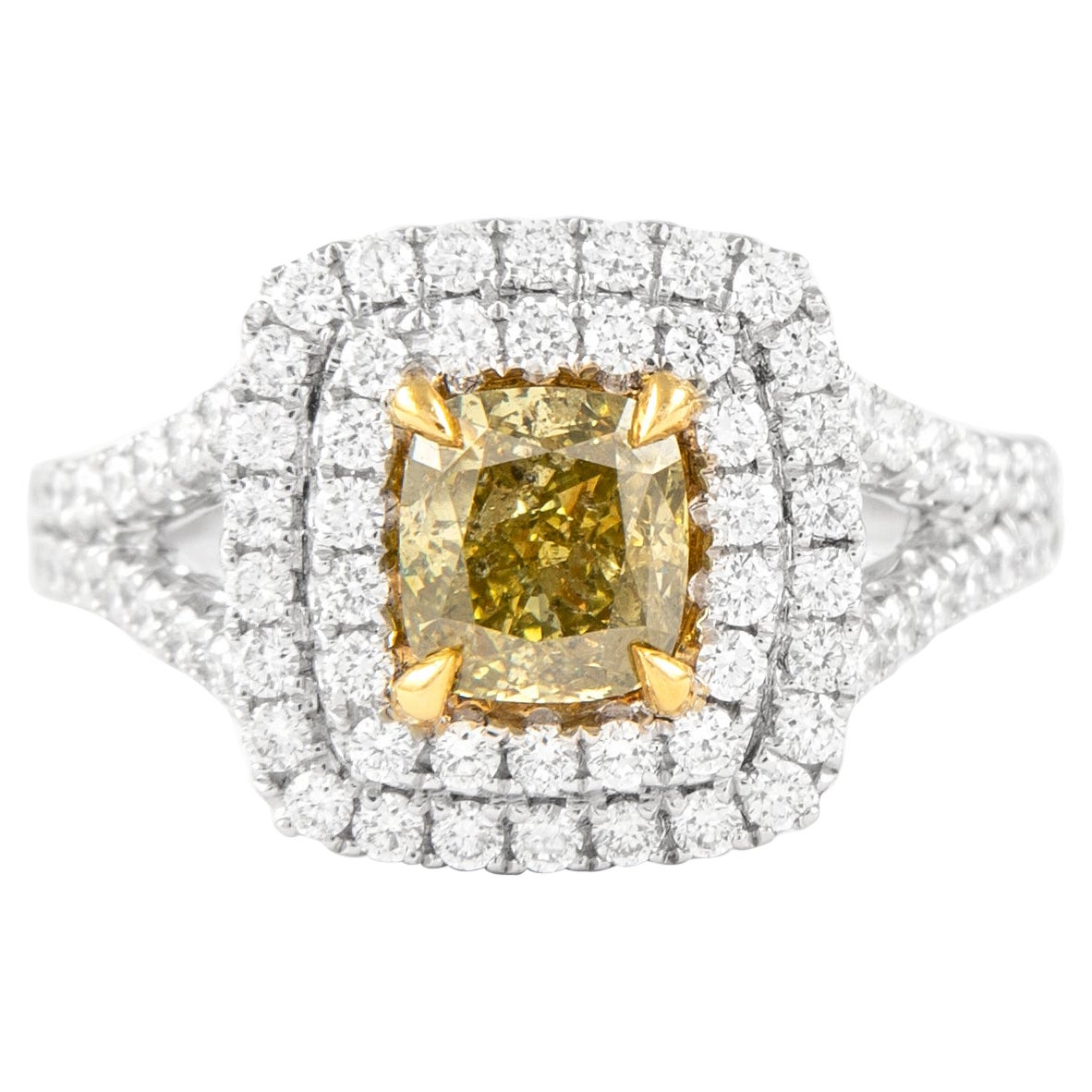 Alexander GIA Fancy Deep Yellow Diamond Double Halo Ring 18k Two Tone For Sale