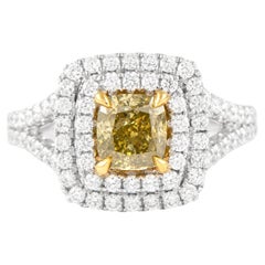 Alexander GIA Bague à double halo de diamants jaune foncé fantaisie 18 carats bicolore