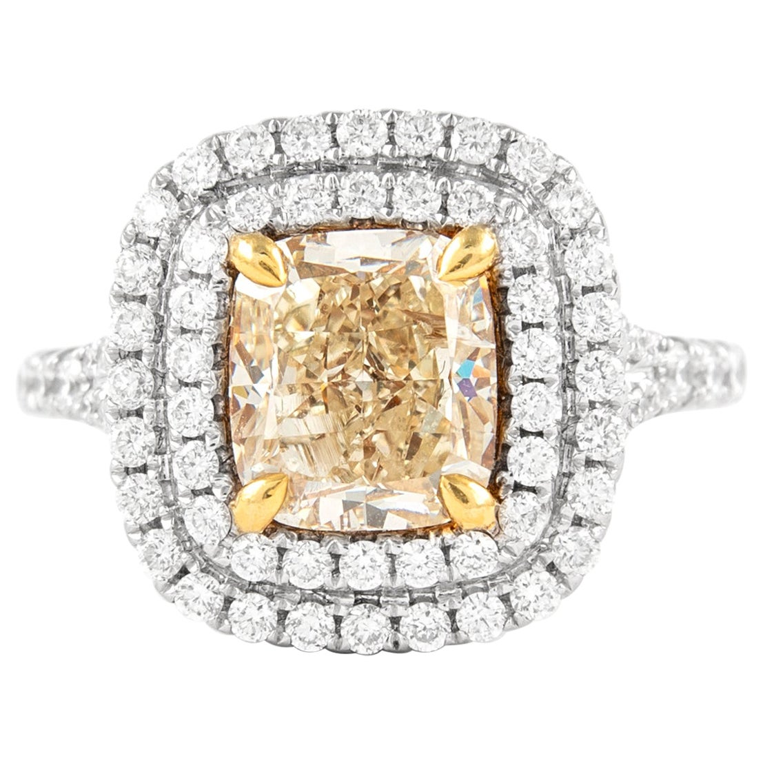Alexander 2.51ct Fancy Yellow Diamond Double Halo Ring 18k Two Tone For Sale