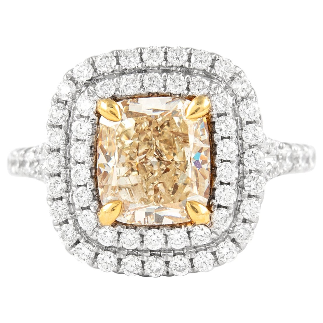 Alexander 2.51ct Fancy Yellow Diamond Double Halo Ring 18k Two Tone