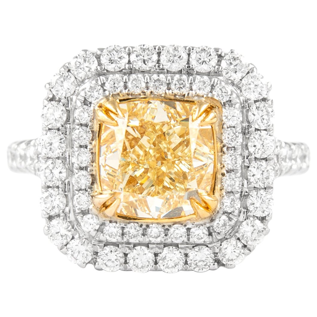 Alexander 2.22ct Fancy Intense Yellow VS2 Diamond Double Halo Ring 18k Two Tone For Sale