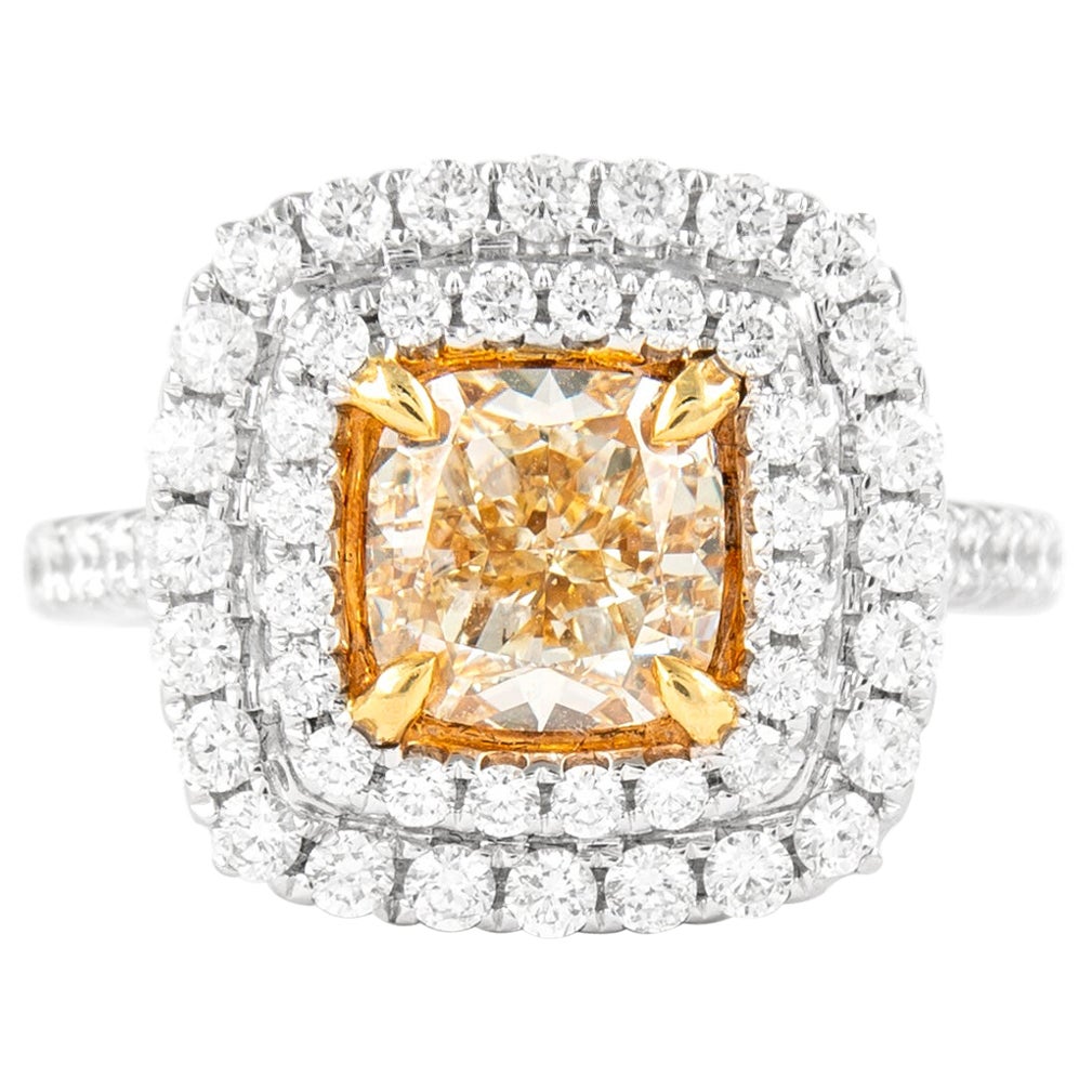 Alexander 2.05ct Fancy Yellow VS1 Diamond Double Halo Ring 18k Two Tone For Sale