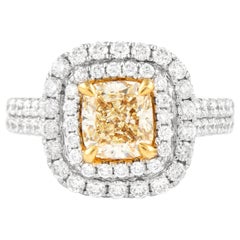 Alexander, bague bicolore 18 carats à double halo de diamants jaune intense fantaisie 2,66 carats VS2