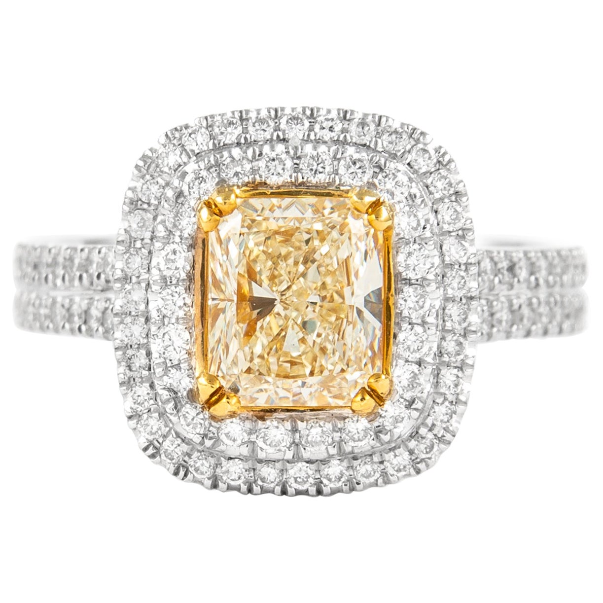 Alexander 1.84ctt Fancy Light Yellow VVS2 Diamond Double Halo Ring 18k Two Tone For Sale