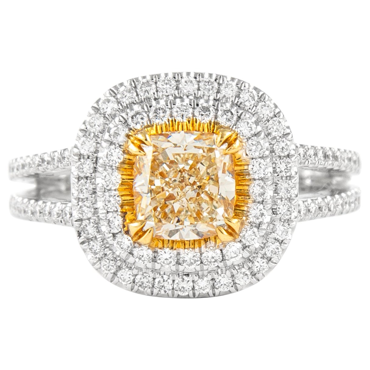 Alexander Beverly Hills 1.58ctt Fancy Yellow VS2 Diamond Double Halo Ring 18k
