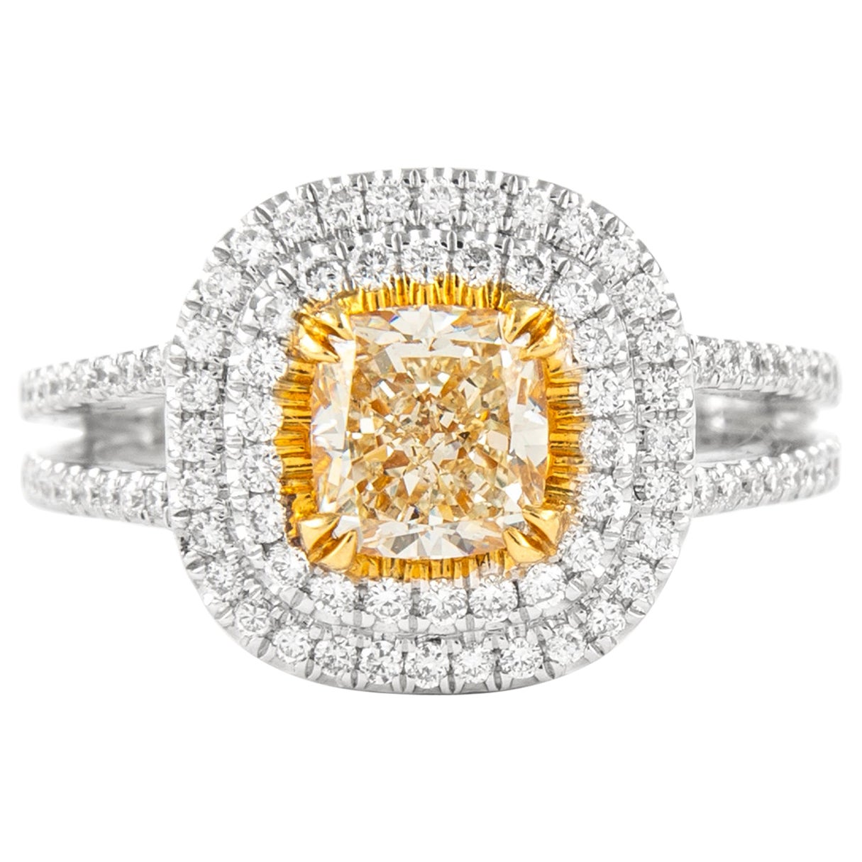 Alexander 1.58ctt Fancy Yellow VS2 Diamond Double Halo Ring 18k Two Tone For Sale