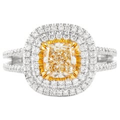 Alexander, bague bicolore 18 carats à double halo de diamants jaune fantaisie VS2 1,58 carat