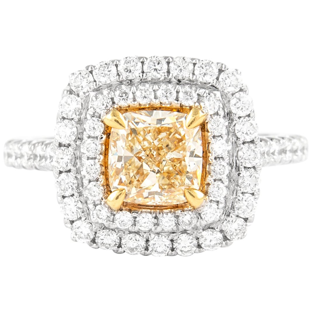 Alexander 2.10ctt Fancy Intense Yellow VS2 Diamond Double Halo Ring 18k Two Tone For Sale