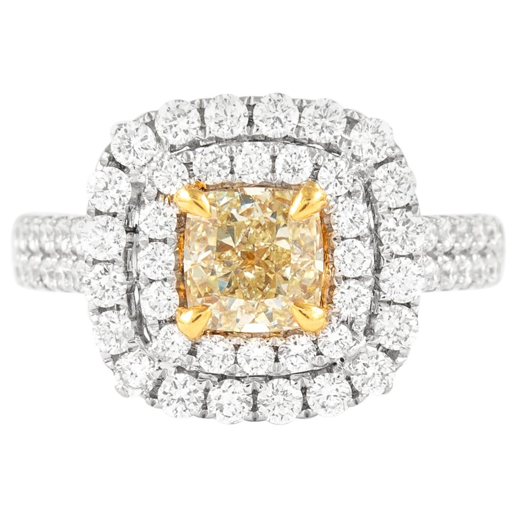 Alexander 2.08ctt Fancy Yellow VS1 Diamond Double Halo Ring 18k Two Tone For Sale