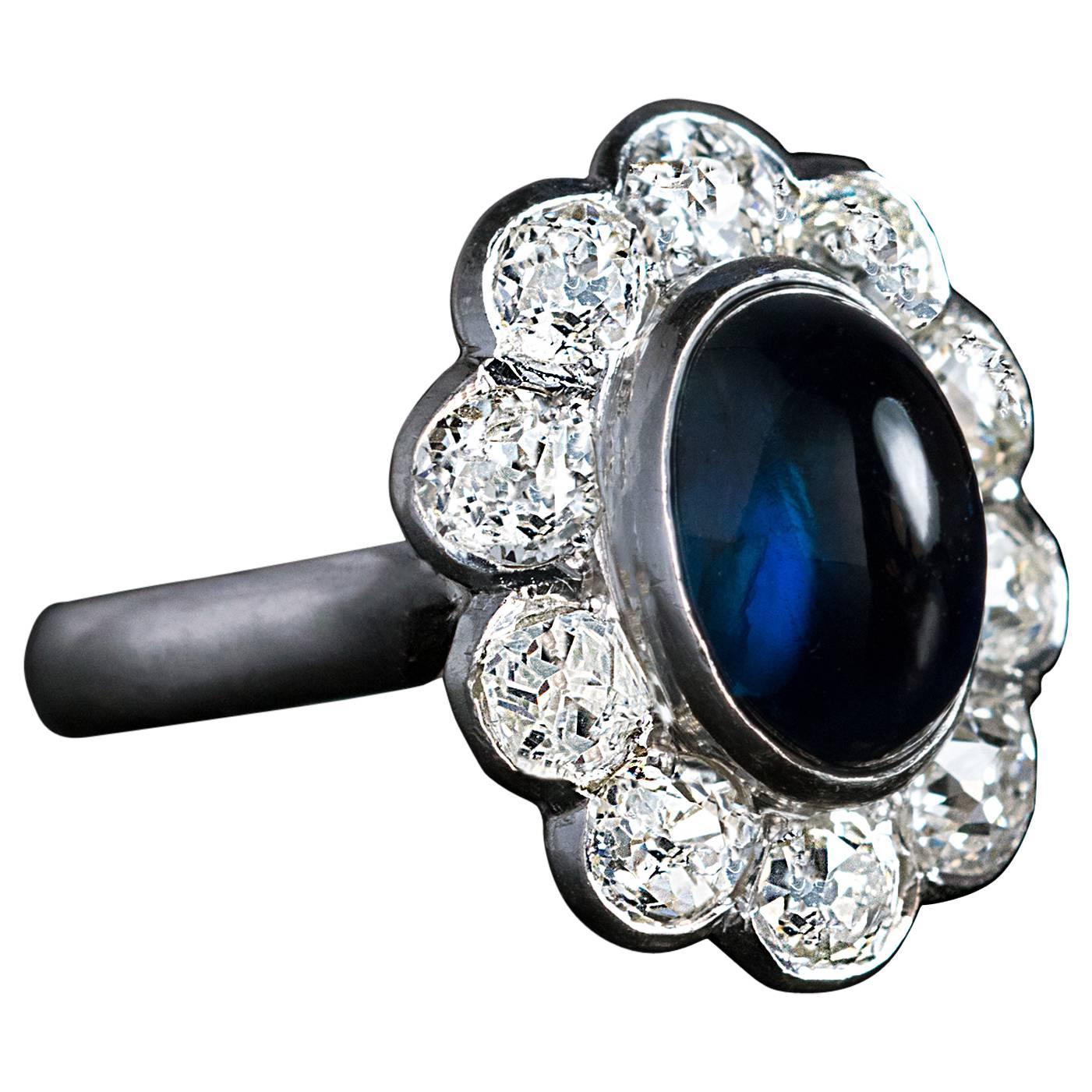 Cabochon Sapphire Diamond Platinum Engagement Ring For Sale