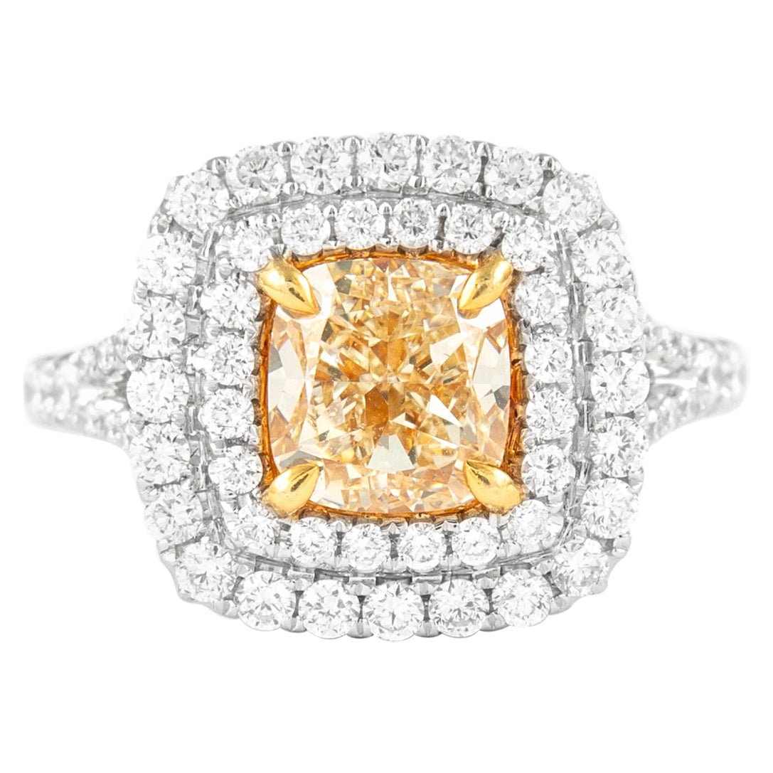 Alexander 2,02ct Fancy Intense Gelb VS2 Diamant Doppel Halo Ring 18k Zweifarbiger Ring im Angebot