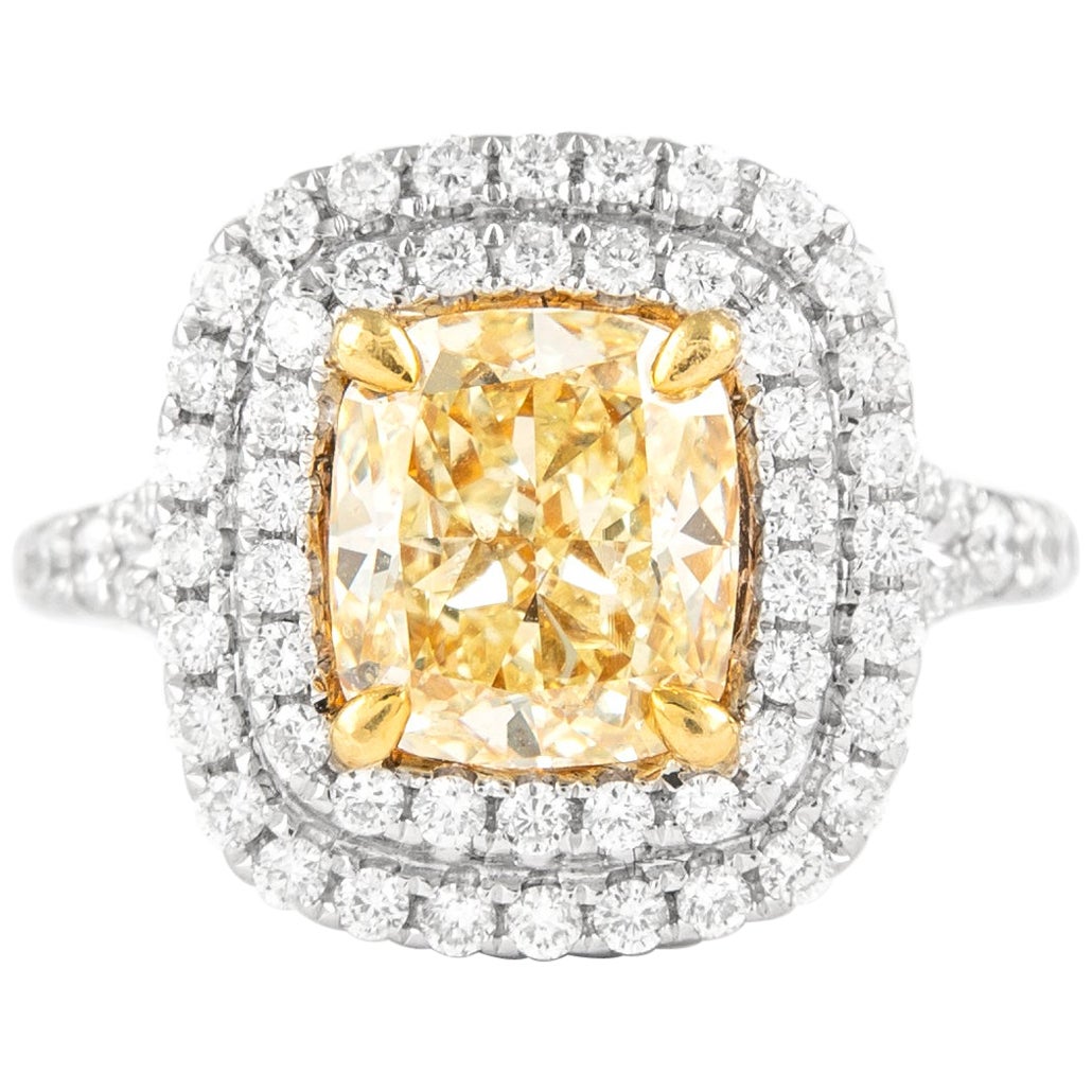 Alexander 2.50ct Fancy Intense Yellow VS1 Diamond Double Halo Ring 18k Two Tone