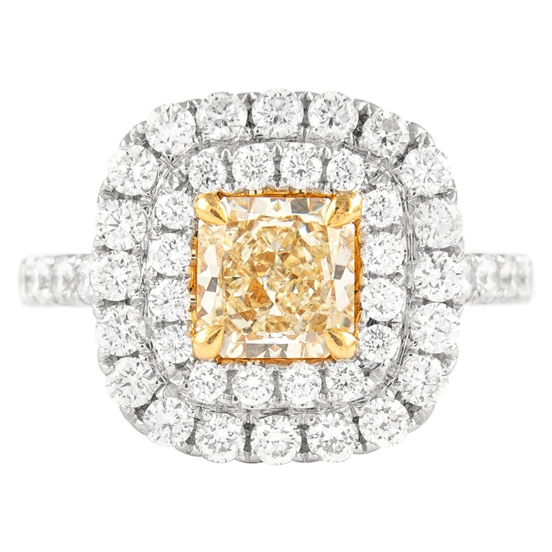 Alexander 1,57 Karat Fancy Gelber Diamant Doppel Halo Ring 18k Zweifarbiger im Angebot