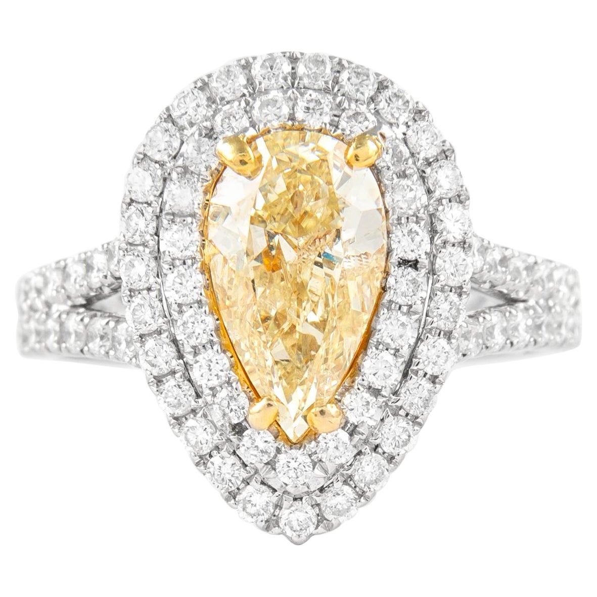 Alexander Bague bicolore en or 18 carats avec diamant jaune poire fantaisie de 2,04 carats et double halo