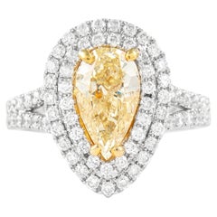 Alexander Bague bicolore en or 18 carats avec diamant jaune poire fantaisie de 2,04 carats et double halo