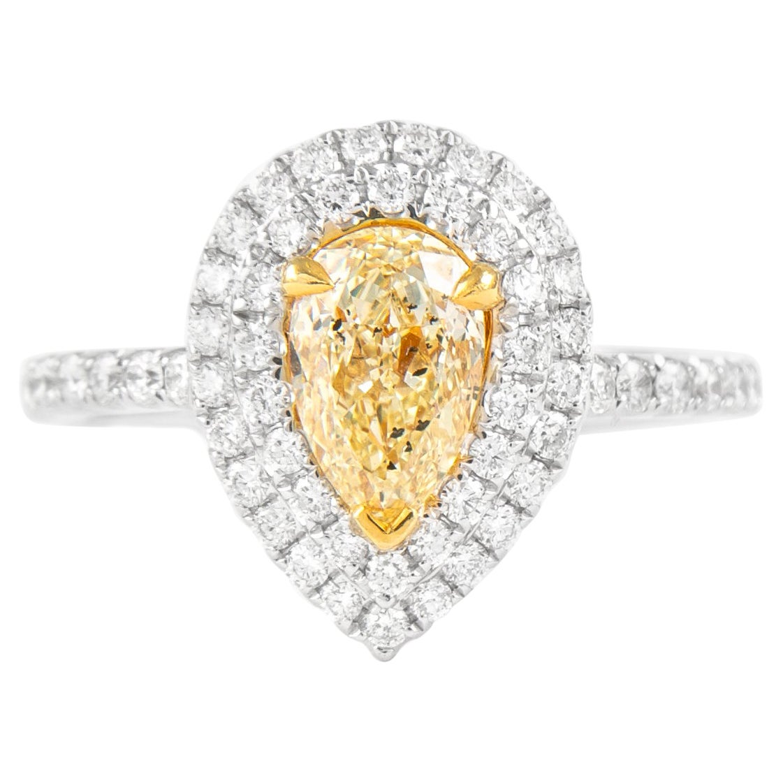 Alexander, bague en or 18 carats avec double halo de diamants taille poire jaune intense fantaisie de 1,68 carat