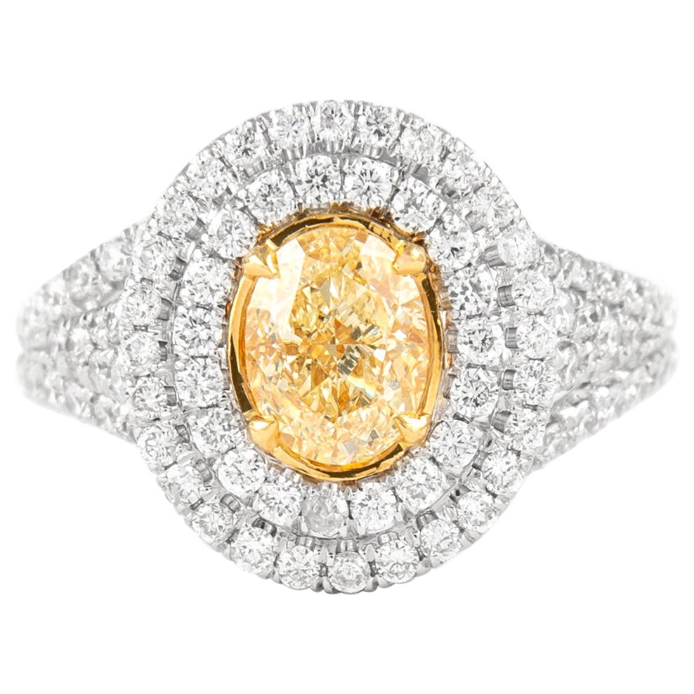 Alexander, bague en or 18 carats avec double halo de diamants ovales jaunes intenses de 2,10 carats VS2