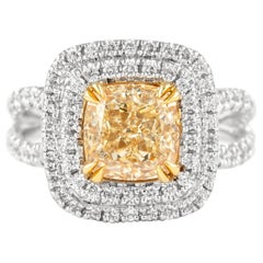 Alexander, bague en or 18 carats avec double halo de diamants taille coussin jaune intense de 2,11 carats VS2