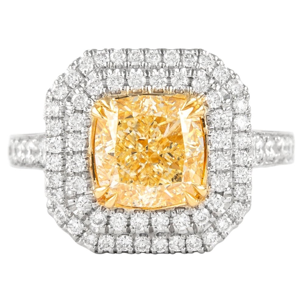 Alexander 2.71ct Fancy Intense Yellow VS2 Cushion Diamond Double Halo Ring 18k For Sale