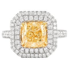 Alexander, bague en or 18 carats avec double halo de diamants taille coussin jaune intense de 2,71 carats VS2
