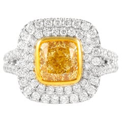 Alexander GIA Bague à double halo de diamants jaune fantaisie taille coussin VS2 de 2,32 carats 18 carats