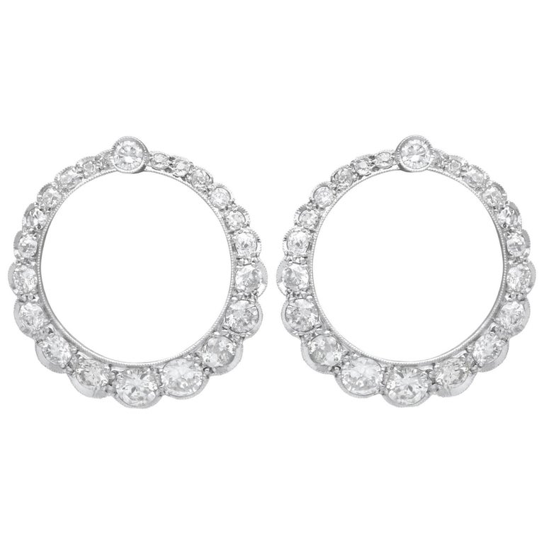 Antique 4.41 Carat Diamond and Platinum Hoop Earrings, circa 1920 For