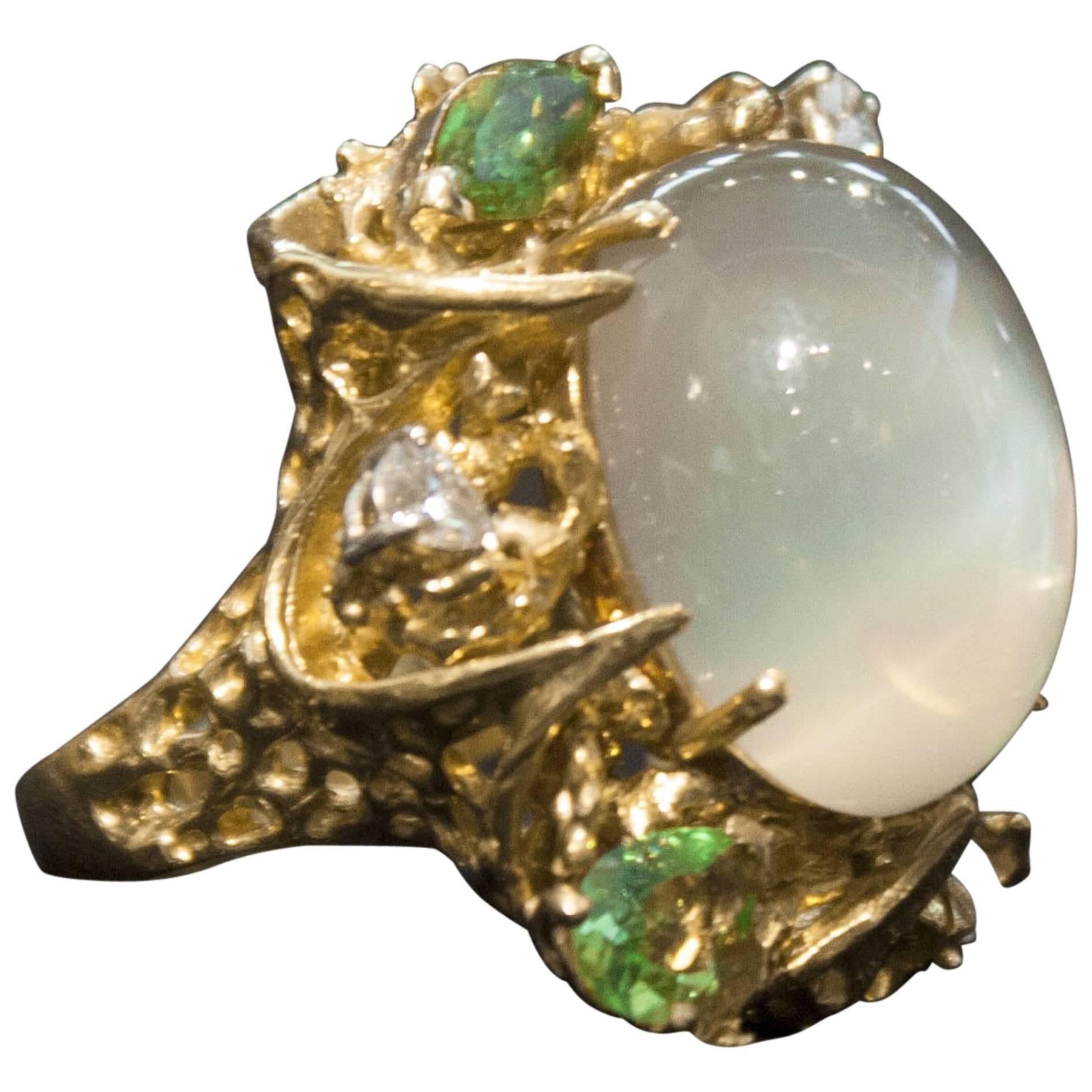 1960's Large Moonstone Organic Free Form Gold Ring with Diamond and Peridot