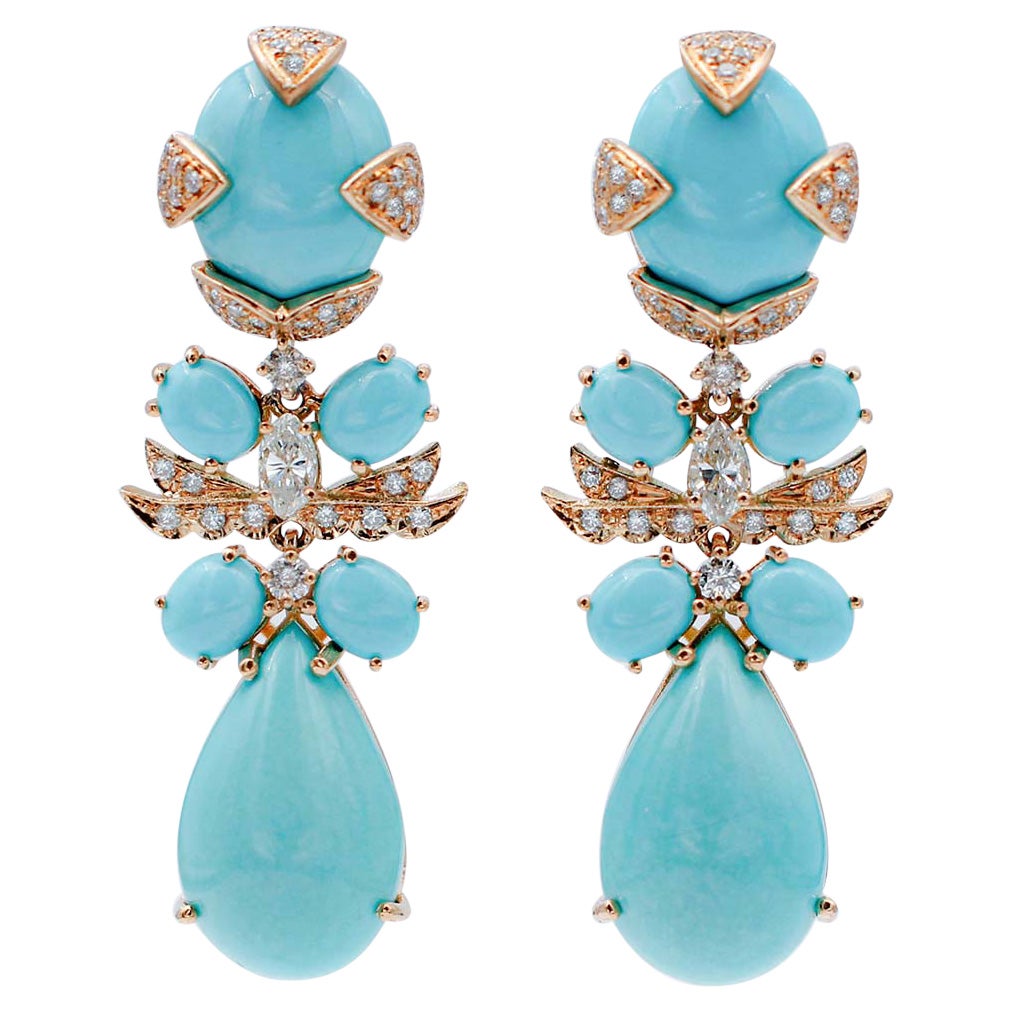 Victorian Turquoise Round Diamond Gold Dangle Earrings For Sale at 1stDibs