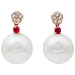 White Pearls, Rubies, Diamonds 14 Karat Rose Gold Dangle Earrings