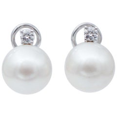 South-Sea Pearls, Diamonds, 14 Karat White Gold Stud Earrings.