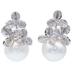 South-Sea Pearls, Diamonds, 14 Karat White Gold Dangle Earrings