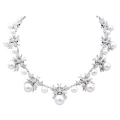Vintage Pearls, Sapphires, Diamonds 14 Karat White Gold Bee Necklace