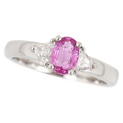 Contemporary 18ct White Gold Pink Sapphire and Trillion Cut Diamond Trilogy Ring