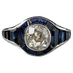 Art Deco Style 1.8 Carat Old Mine Cut Diamond Sapphire Engagement Ring Platinum