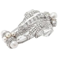 Art Deco Rock Crystal Pearl Diamond Platinum Brooch