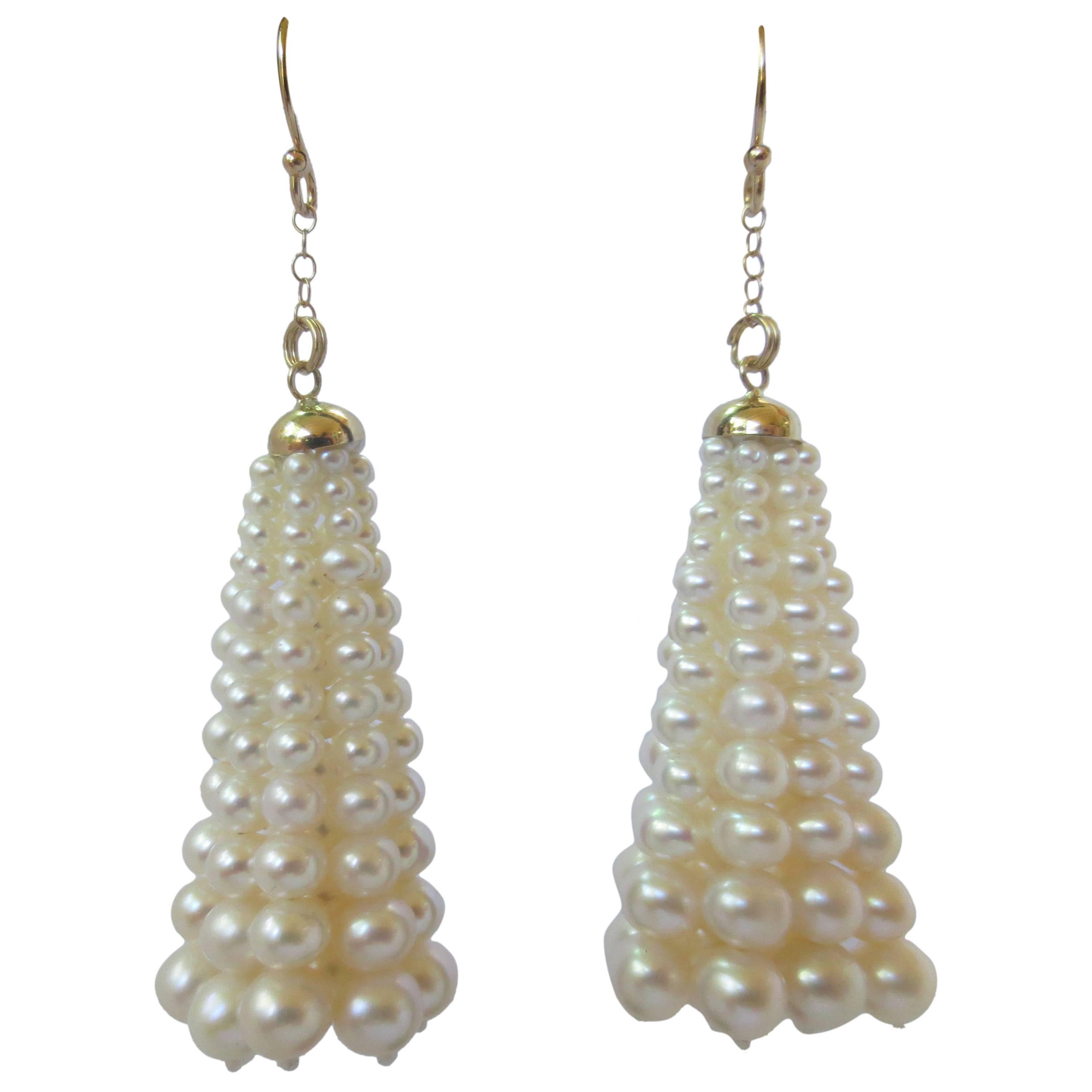 Multi-Strand Graduated Pearl Tassel Dangle Earring with Yellow Gold Cup